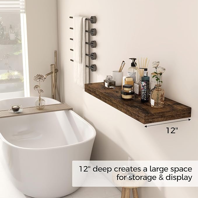 30 Inch Floating Shelves, 12 Inch Deep Floating Shelf for Wall, Rustic Deep Shelves for Books, Bathroom, Living Room, Kitchen, 30 x 12 x 2 Wood Floating Shelves, Rustic Brown Color, Set of 2-Ruum Studio Home