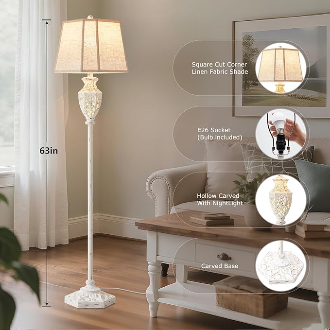 Luvkczc Rustic Floor Lamp - Resin Carved Base with Hollow Night Light, Farmhouse Cottage Decor, Vintage Standing Lamp for Living Room, Bedroom (Includes Bulb)-Ruum Studio Home