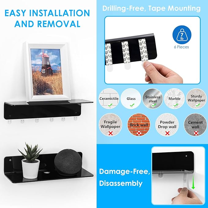 OAPRIRE Black Acrylic Floating Shelves Set of 2 - Damage Free Expand Wall Space - 12 Inch Wall Shelves with Strong Adhesive for Bathroom, Bedroom, etc-Ruum Studio Home