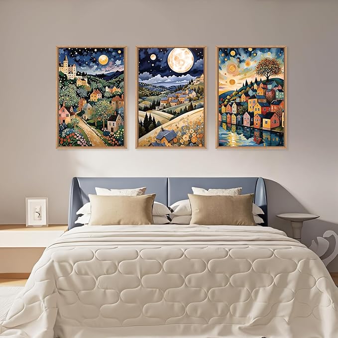 LHIUEM Large Abstract Colorful Framed Canvas Wall Art,Retro Night Village Wall Decor,Natural Moon Stars Wall Painting,Gustav Klimt Scenery Artwork for Living Room,Bedroom,Dining Room,Office -24"x36"x3-Ruum Studio Home