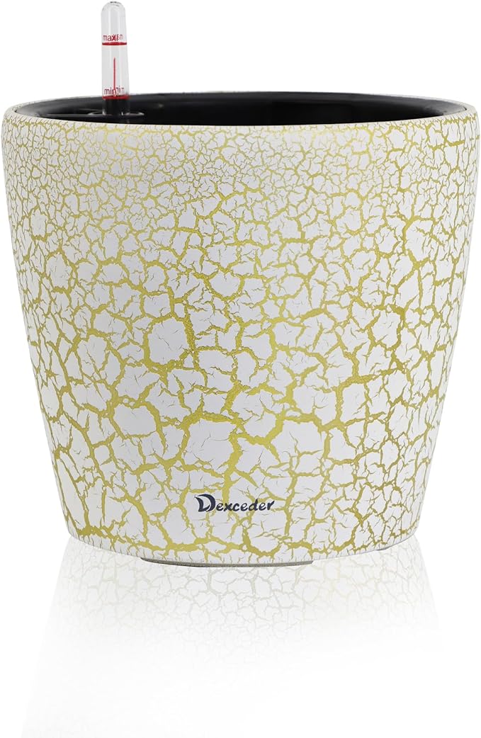 Dexceder 11x10 Inches Self Watering Planter Indoor Outdoor, Inner Pot Design, Thickened Table Flower Plant Pot with Water Level Indicator (White Gold Crackle)-Ruum Studio Home