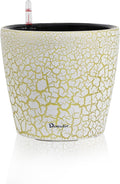 Dexceder 11x10 Inches Self Watering Planter Indoor Outdoor, Inner Pot Design, Thickened Table Flower Plant Pot with Water Level Indicator (White Gold Crackle)-Ruum Studio Home