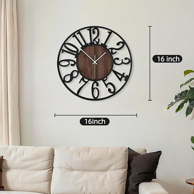 Maxstar Round Wall Clock for Living Room Decor Battery Operated Non Ticking Black Metal Wood Clocks for Home Living Room Garden Office Kitchen Decoration -16 inch-Ruum Studio Home