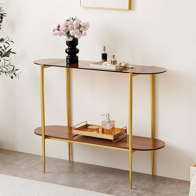 Oval Glass Console Table for Living Room, Foyer & Entrance, 2-Tiers Mid-Century Modern Sofa Table with Amber Glass Top, Walnut Finish Wood Top and Gold Finish Metal Frame-Ruum Studio Home