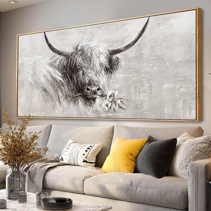 Farmhouse Decor Framed Wall Animal and Flower Artwork Grey Vintage Cow Wall Art with Frame for Living Room Bedroom Dining Room Office 29x58 Inch-Ruum Studio Home