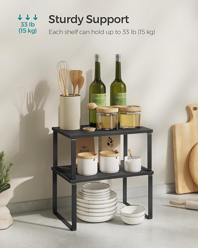 SONGMICS Cabinet Organizer Shelf, Set of 2 Kitchen Counter Shelves, Kitchen Storage, Spice Rack, Stackable, Expandable, Metal and Engineered Wood, Ink Black and Charcoal Black UKCS02B01-Ruum Studio Home