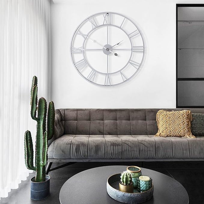 LEIKE 32" Large Modern Wall Clocks,Vintage,Round,Nearly Silent,Little Ticking,Battery Operated,Silver Metal Roman Numerals Clock for Living Room/Bedroom/Kitchen Wall Decor-Ruum Studio Home