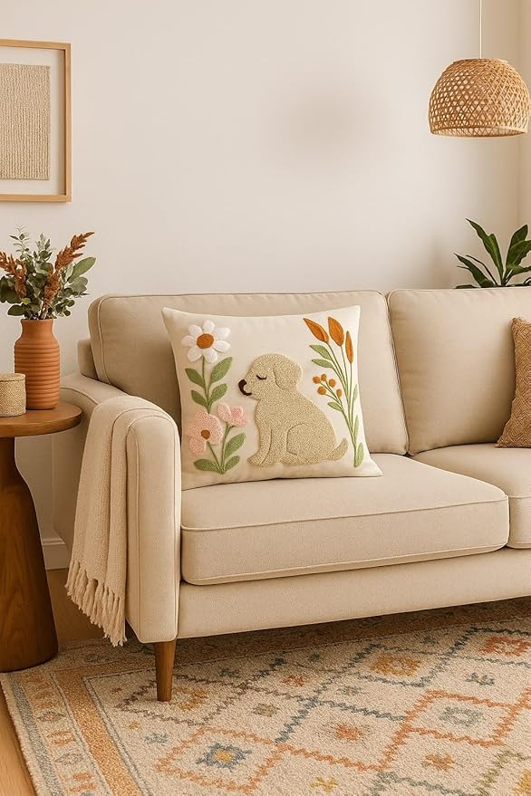 katre home madame & textile Embroidered Dog Pillow Cover – 18x18 inch Handmade Punch Needle Cushion – Boho Cotton Throw Pillow for Couch, Bed, or Gift for Dog Lovers-Ruum Studio Home