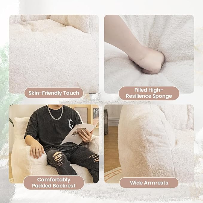 Bean Bag Chair with Filler, Bean Bag Sofa with Tufted Soft Stuffed Filling, Fluffy and Lazy Sofa, Comfy Cozy BeanBag Chairs with Memory Foam for Dorm, Apartment, Living Room (White)-Ruum Studio Home