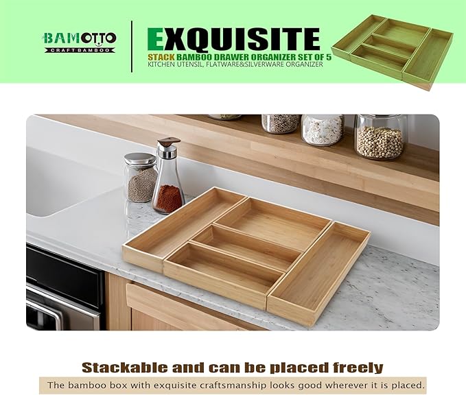 Stack Bamboo Drawer Organizer Set of 5, Kitchen Utensil, Flatware&Silverware Organizer-Wood Laminated Stackable for Kitchen, Bedroom, 13.4''x4.5''*2+10.2''x3.3''*2+10.2''x6.7''*1-Ruum Studio Home