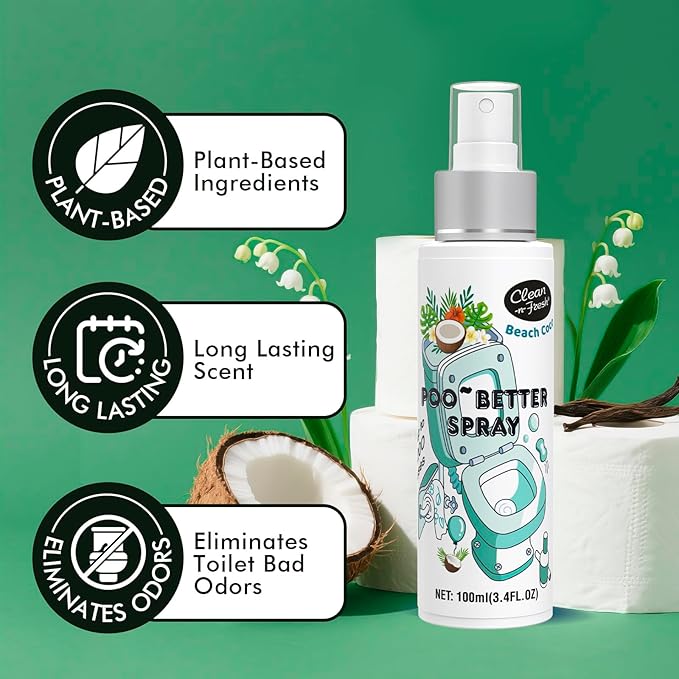 Clean-n-Fresh Toilet Spray 6.8 Fl.Oz, Poop Spray Beach Coco, Bathroom Air Fresheners Spray, Long Lasting Odor Eliminator - Coconut, Vanilla & Lily of the Valley-Ruum Studio Home