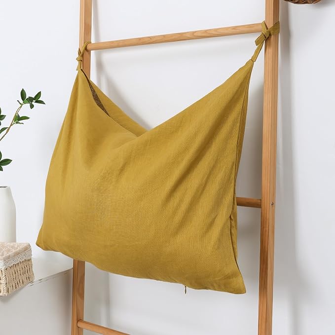 Hanging Linen Laundry Bag, 100% Pure Flax Linen Over The Door Hamper with Bottom Zipper for Laundry Room, Household Dirty Cloth Storage Organizer Bag, Turmeric-Ruum Studio Home