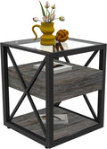 Farmhouse End Table, Modern Side Table with Drawer&3-Tier Storage Shelf, Square Rustic Nightstand, Accent Tea Table, for Bedroom Office Living Room, Grey, Natural Wood, Glass, Metal-Ruum Studio Home