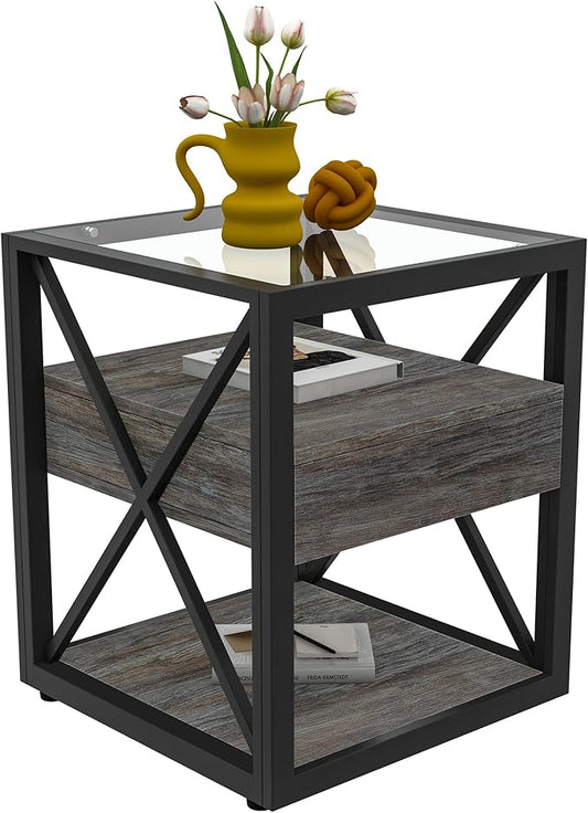Farmhouse End Table, Modern Side Table with Drawer&3-Tier Storage Shelf, Square Rustic Nightstand, Accent Tea Table, for Bedroom Office Living Room, Grey, Natural Wood, Glass, Metal-Ruum Studio Home