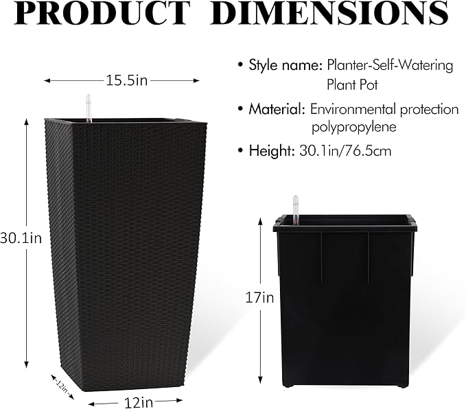 30in Tall Large Plant Pots Planter-Self-Watering Indoor/Outdoor Planting with Drain Holes, Water Level Monitor, Inner Bucket for Front Porch Patio, Black Large-Ruum Studio Home