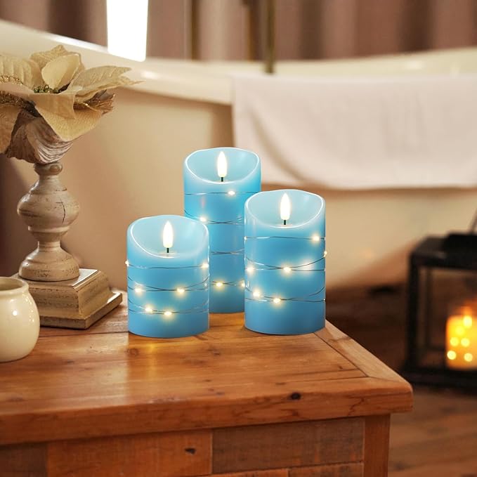 Homemory Flameless Candles with String Lights, 3 Pack Embedded Fairy String Lights LED Candles, Electric Flickering Candles with Remote Control and Timer, Real Wax, Blue-Ruum Studio Home