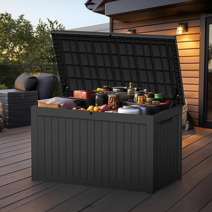 230 Gallon Outdoor Deck Box,Storage Lockable Waterproof Patio Furniture,Garden Tools,Cushions,Pool Accessories Outside Storage Resin Box(Black)-Ruum Studio Home
