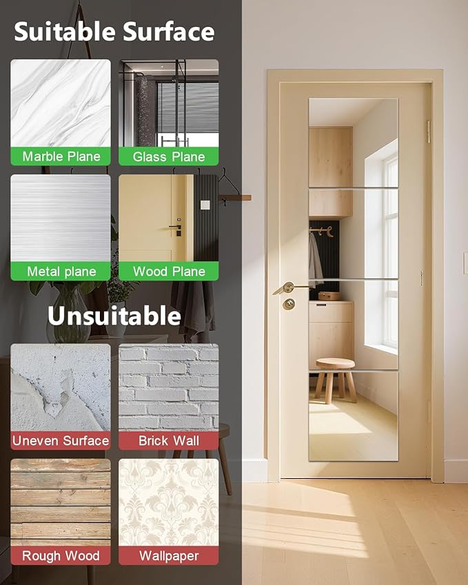 Full Length Wall Mirror Tiles, 12'' x 14'' x 4PCS, Acrylic Unbreakable Full Body Mirror for Bedroom Squares Shatterproof Mirror Sheets Wall Mounted for Home Gym Door-Ruum Studio Home