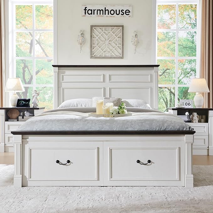 26" Tall Farmhouse Nightstand, 2 Drawers End Table w/Charging Station, 23.6" Wide Large Side Table w/Roman Column, Wood Rustic Sofa Table w/Open Shelf, Bedside Table for Bedroom, White-Ruum Studio Home