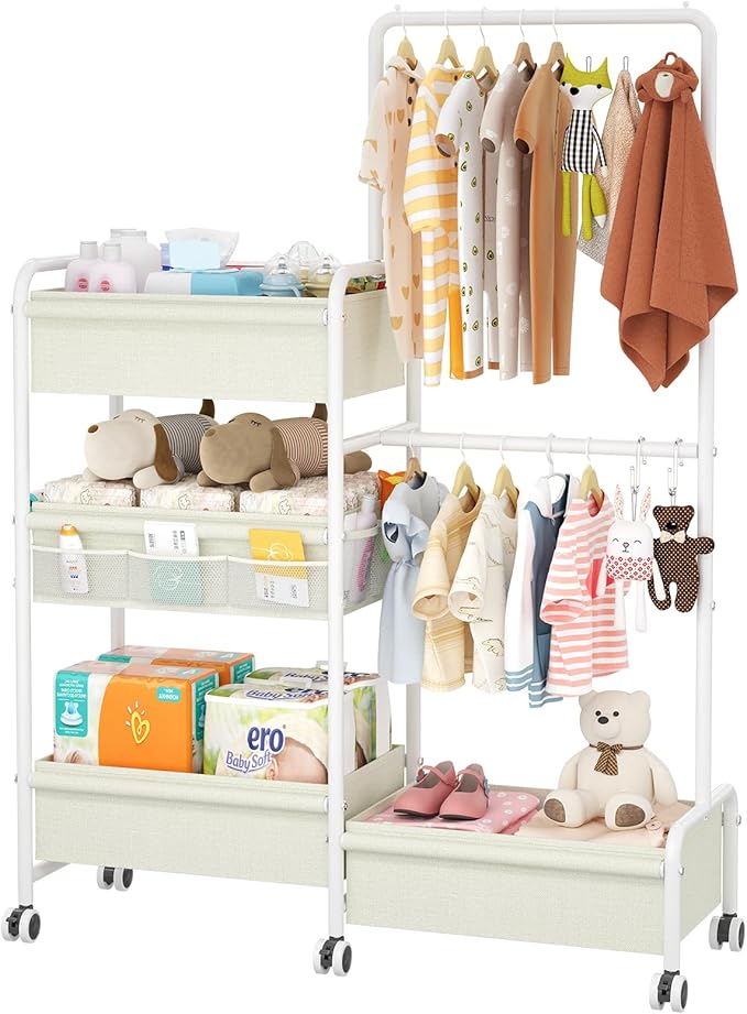2in1 Baby Diaper Caddy & Clothes Organizer and Storage Rolling Cart, Large Capacity Nursery Organization For Baby Dresser,Changing Table, Crib, With 2 Dividers & 7 Pockets,White-Ruum Studio Home