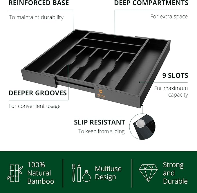 ROYAL CRAFT WOOD Luxury Bamboo Kitchen Drawer Organizer - Silverware Organizer - Utensil Holder and Cutlery Tray with Grooved Drawer Dividers for Flatware and Kitchen Utensils (9 Slot, Black)-Ruum Studio Home