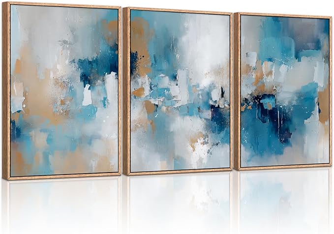 HLNIUC Large Blue Abstract Framed Canvas Wall Art,Blue and Brown Brush Strokes Wall Decor Set of 3(16”x24”)Neutral Modern Wall Painting,Watercolor Minimalist Abstract Art Print for Living Room,Bedroom-Ruum Studio Home