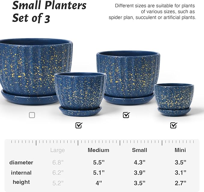 Ceramic Plant Pots with Drainage Holes and Saucers, Round Blue Flower Pots for Indoor Plant, Diameter 3.3/4.3/5.5 Inches Small Mini Flower Planters Set of 3-Ruum Studio Home