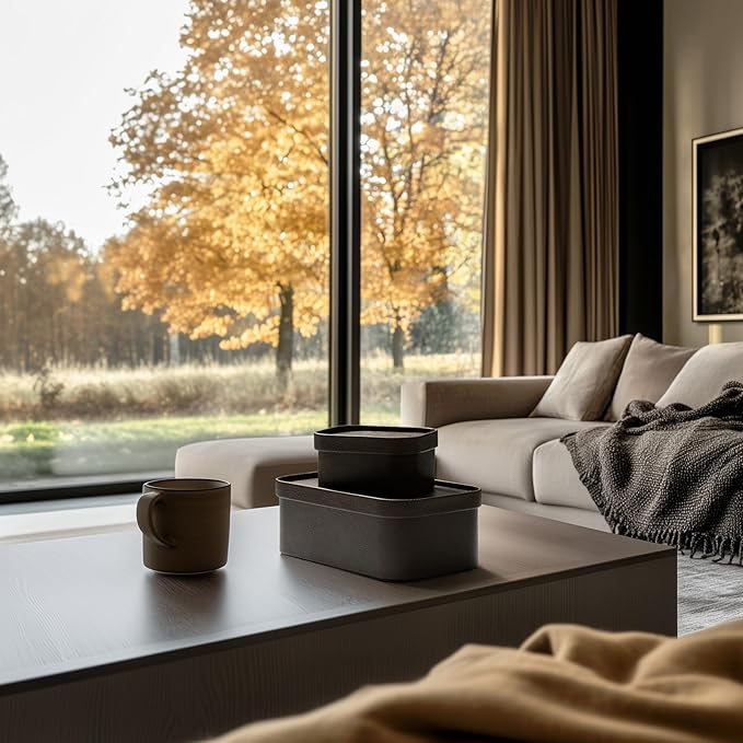 La Jolie Maison Vegan Leather Storage Boxes with Lids, Set of 3 Decorative Storage Containers Organize Stackable Storage Box, Mocha-Ruum Studio Home