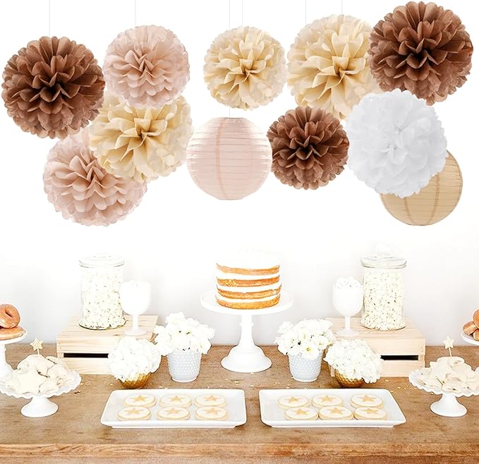 Boho Rustic Wedding Party-Decorations Paper Flowers Lanterns - 15PCS Fall Baby Shower Gender Neutral Streamers,Brown Champagne White Tissue Pom Poms,Autumn Birthday Bridal Decor Hugfond-Ruum Studio Home