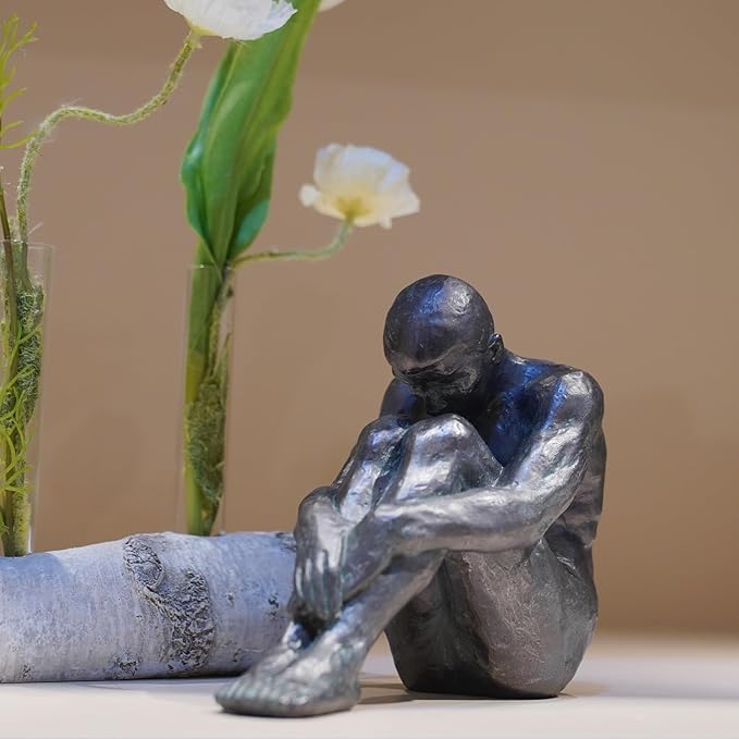 Guichifun Sitting Man Sculptures Home Decor - Resin Bronze Male Holding Arms Legs Lonely Statues Decorative Objects Outdoor Gift for Men 7.5 x 3.7 x 5.8 Inch-Ruum Studio Home