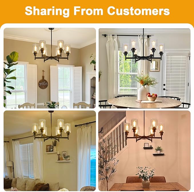 Black Chandeliers, 6 Light Dining Room Light Fixtures Over Table, Farmhouse Chandeliers for Dining Room with Clear Glass Shade for Kitchen Island Living Room Bedroom Bathroom, Height Adjustable-Ruum Studio Home