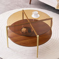 Round Coffee Table, Mid-Century Modern Design, D30 x H17, for Living Room, 2-Tier Structure, Amber Glass Top and Walnut MDF Shelf, Sleek Conical Metal Legs with Gold Finish-Ruum Studio Home
