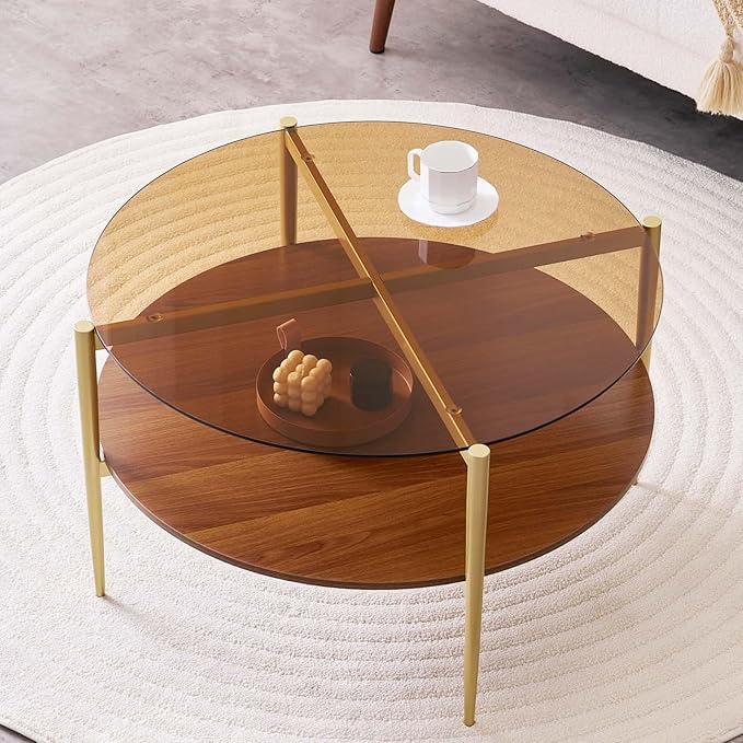Round Coffee Table, Mid-Century Modern Design, D30 x H17, for Living Room, 2-Tier Structure, Amber Glass Top and Walnut MDF Shelf, Sleek Conical Metal Legs with Gold Finish-Ruum Studio Home