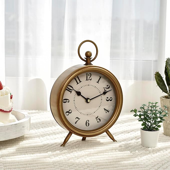 Vintage Table Clock on Stand, Decorative Desk and Shelf Clock Farmhouse Mantel Non-Ticking Clock Rustic Metal Frame with Antique Gold Finish-Ruum Studio Home