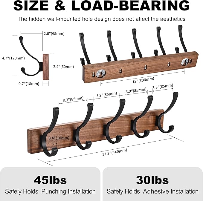 17.3" Small Wooden Coat Rack Wall Mount with 5 Hooks, Entryway Wall Hooks Coat Hanger for Hanging Towel Jacket Clothes Hat Backpack Shoe Purse Key Holder Multi Hook Rail by Black Walnut Wood-Ruum Studio Home