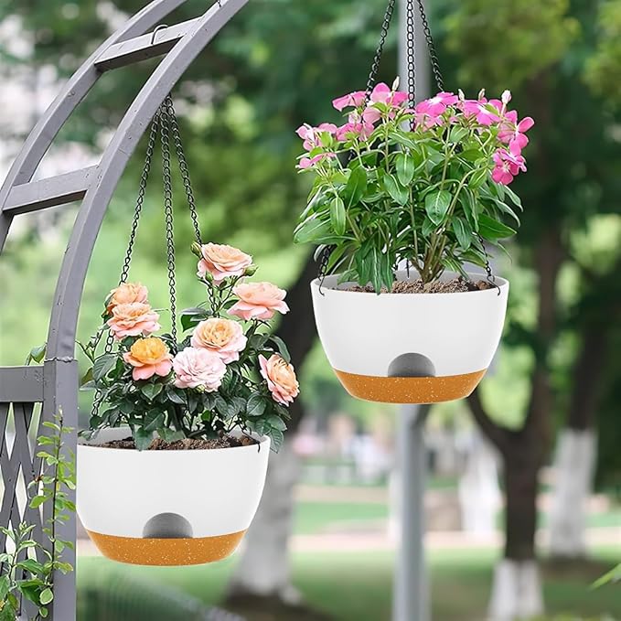 12 Inch Hanging Baskets 2 PC with Chains, Self-Watering Hanging Planters for Indoor Outdoor Plants, Plastic Hanging Flower Pots,White Brown-Ruum Studio Home