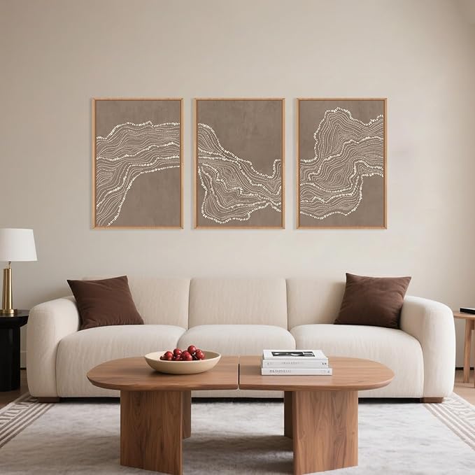 Geometric White Tan Wave Framed Canvas Wall Art Set, Abstract Line Art Painting, Modern Minimalism Wall Decor, Neutral Art Print for Living Room, Bedroom, Dining Room, Office - 16"x24"x3-Ruum Studio Home