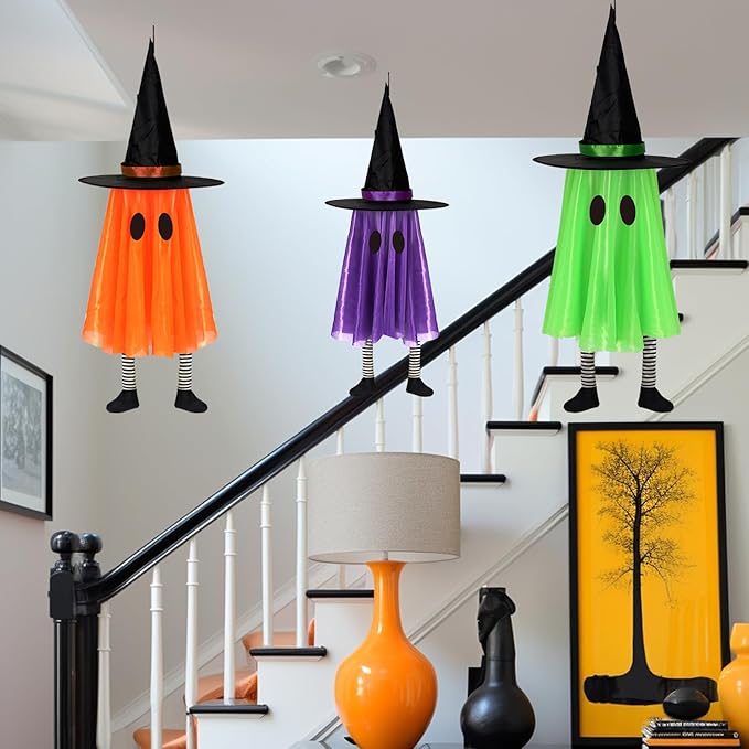DAZONGE Halloween Decorations Outdoor, 3 Packs Hanging Ghost Halloween Decor with String Lights Battery Operated, Ghost Decor with with Hat for Home Yard Porch-Ruum Studio Home
