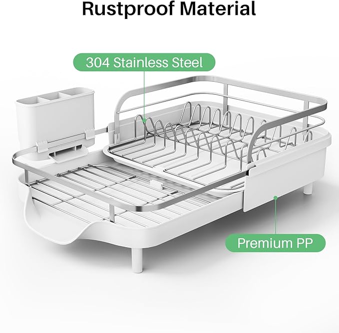 Dish Drying Rack, Expandable Dish Rack for Kitchen Counter, Stainless Steel Dish Drainer with Drainboard Set and Utensil Holder (White)-Ruum Studio Home