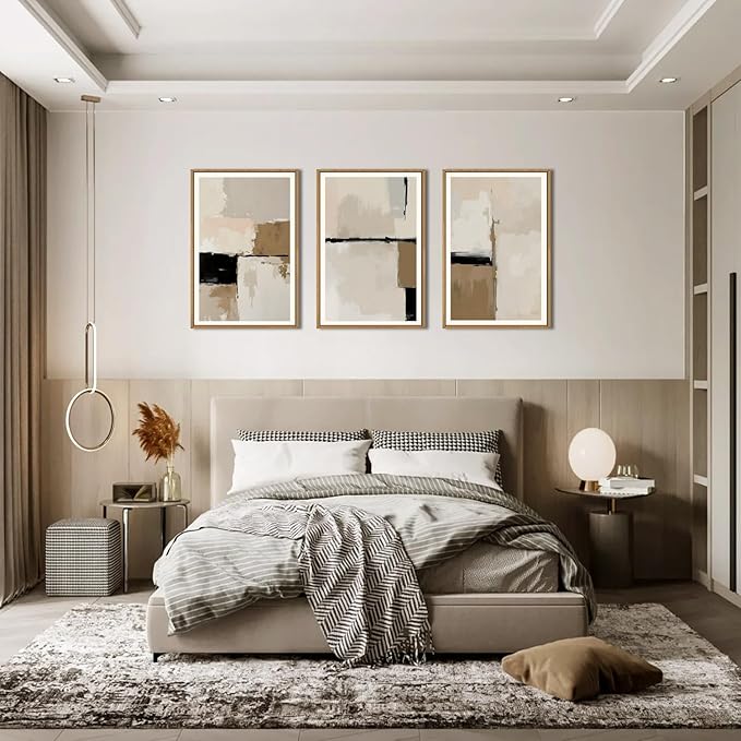 HPINUB Large Modern Abstract Framed Canvas Wall Art Set,Geometric Line Black White and Beige Textured Wall decor Neutral Gray Minimalist Art Print for Living Room,Bedroom,Dining Room,Office -16"x24"x3-Ruum Studio Home