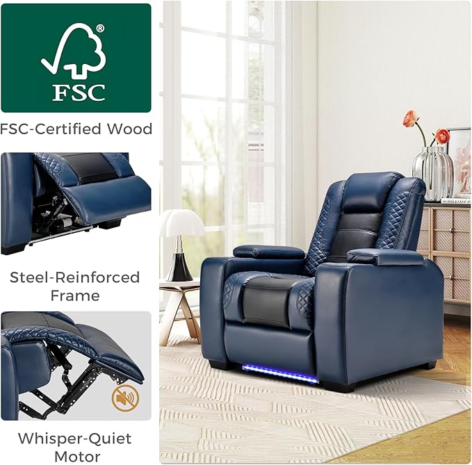 ANJ Power Home Theater Seating, PU Leather Electric Recliner Chair with Powered Headrest, Dual Motors Movie Reclining Chairs with LED Lights,USB Port, Cup Holders, Hidden Arm Storage (Blue & Black)-Ruum Studio Home