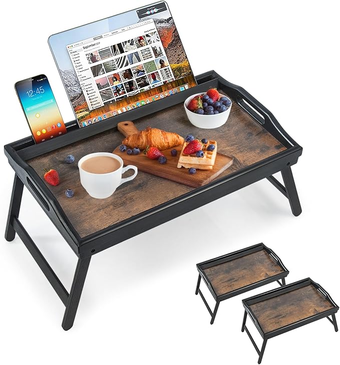 2 Pack Bed Tray Table Breakfast Trays Serving Tray Bamboo Bed Laptap Floding Legs with Handles and Phone Holders-Ruum Studio Home