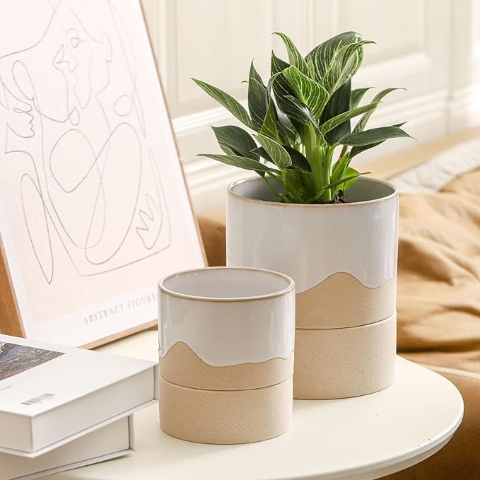 Nihow Self Watering Plant Pot for Indoor Plants: 4.5+6 Inch Ceramic Planter with Drainage Hole & Water Storage Plus - Cylinder Flower Pot with Wick for Herbs -White & Nature-Ruum Studio Home