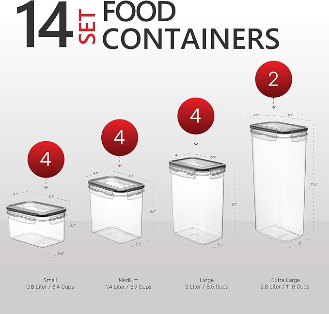 DWËLLZA KITCHEN Set of 14 Airtight Food Storage Containers for Pantry Organization and Storage - Sugar, Flour, Pasta, Spaghetti Plastic Air tight Kitchen Storage Containers With Lids, Labels & Marker-Ruum Studio Home