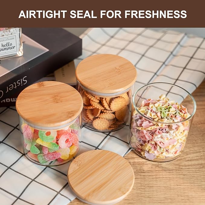 Glass Food Storage Jars 6-Pack - 4x4 in-Clear Glass Food Canisters with Bamboo Lid Airtight For Serving Tea, Coffee, Flour, Sugar, Candy, Cookie, Spice and More (Circular)-Ruum Studio Home