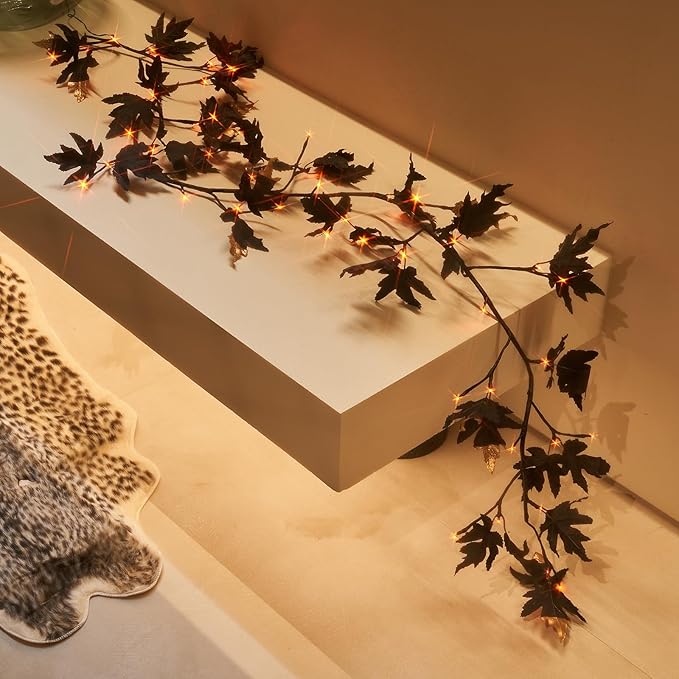 Birchlitland Halloween Black Maple Garland with Lights Timer 48 LED Orange and Warm White Fairy Lights, Battery Operated for Indoor and Outdoor Halloween Party Decoration-Ruum Studio Home