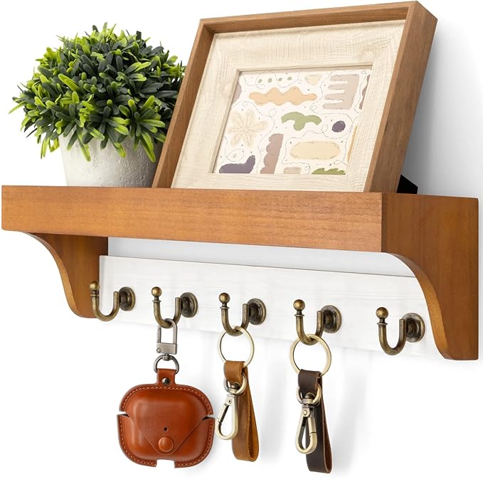 Rebee Vision Key and Mail Holder for Wall with Shelf - Farmhouse House Decor with 5 Rustic Keys Hooks and Decorative Mail Organizer Wall Mount - Decorative Apartment Essentials (Light Brown & White)-Ruum Studio Home