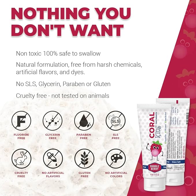 Coral White Kids Bubble Berry Fluoride Free Toothpaste - 4 Ounces (2 Pack)-Ruum Studio Home