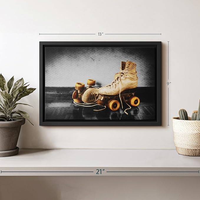 ElephantStock Vintage Skates Pop Wall Art - Horizontal Framed Canvas - 1-Piece Living Room Wall Decor - Sport Photography Canvas Print - Beige and Black Decor for Wall - 13" X 9"-Ruum Studio Home