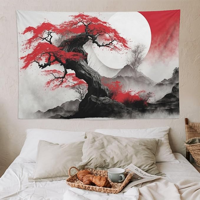 Cherry Blossoms Tapestry, Japanese Red Landscape Asian Watercolor Abstract Art, Bedroom Living Room Decor 90"x60"-Ruum Studio Home